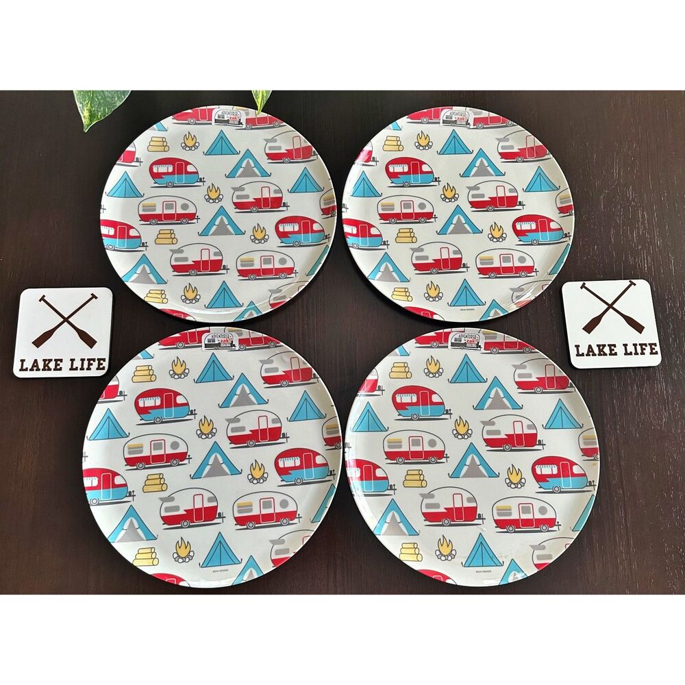 Vintage The Spring Shop (Qty 4) Camping Dinner Plates w/ 2 Coasters ZAK Designs